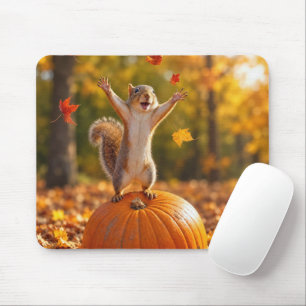 Happy Squirrel Tossing Autumn Leaves in the Air Mouse Pad
