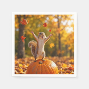 Happy Squirrel Tossing Autumn Leaves in the Air Napkin