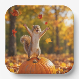 Happy Squirrel Tossing Autumn Leaves in the Air Paper Plate