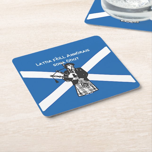 Happy St Andrews Day Flag Bagpiper Square Paper Coaster (Angled)