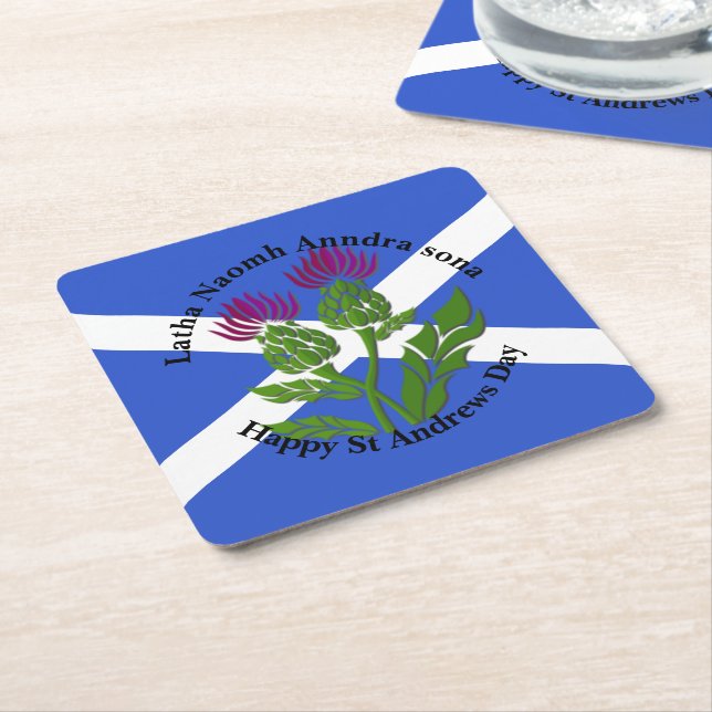 Happy St Andrews Day Thistle & Flag Square Paper Coaster (Angled)