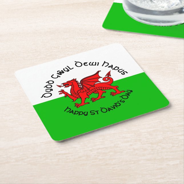 Happy St Davids Day in Celtic Style Square Paper Coaster (Angled)
