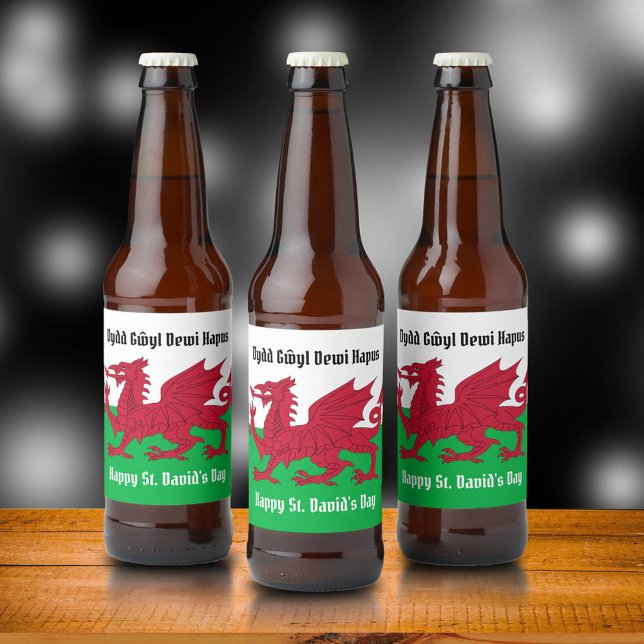 Happy St. David's Day Red Dragon Welsh Flag Beer Bottle Label (St David's Day Beer Bottle Labels Cover Photo)