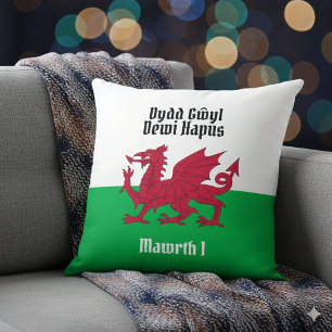 Happy St. David's Day Red Dragon Welsh Flag Cushion