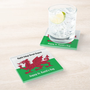 Happy St. David's Day Red Dragon Welsh Flag Glass Coaster