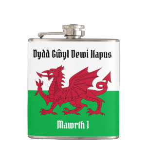Happy St. David's Day Red Dragon Welsh Flag Hip Flask