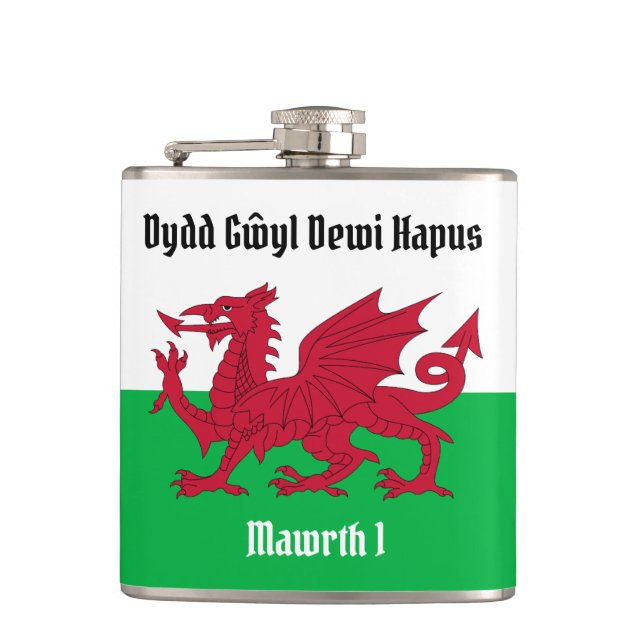 Happy St. David's Day Red Dragon Welsh Flag Hip Flask (Front)