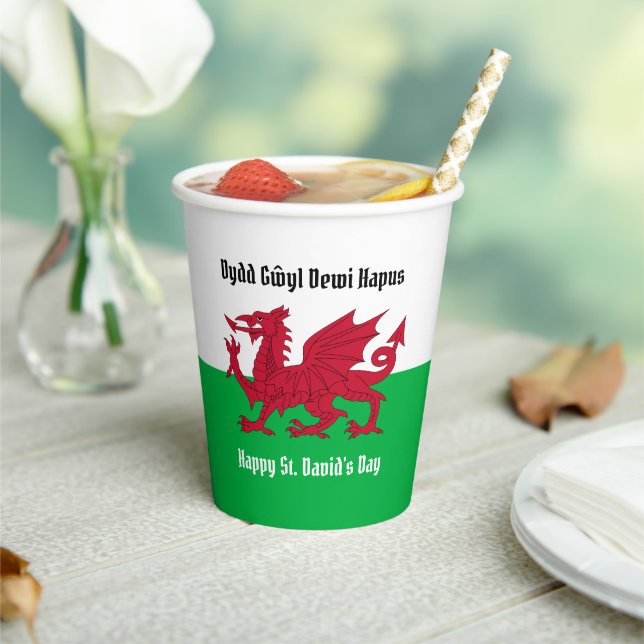 Happy St. David's Day Red Dragon Welsh Flag Paper Cups (Insitu)