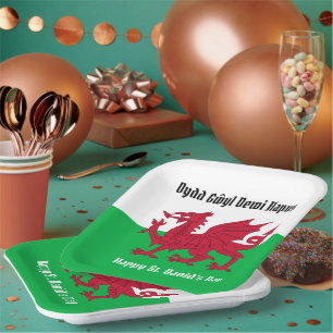 Happy St. David's Day Red Dragon Welsh Flag Paper Plate