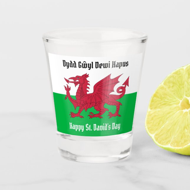 Happy St. David's Day Red Dragon Welsh Flag Shot Glass (Front)