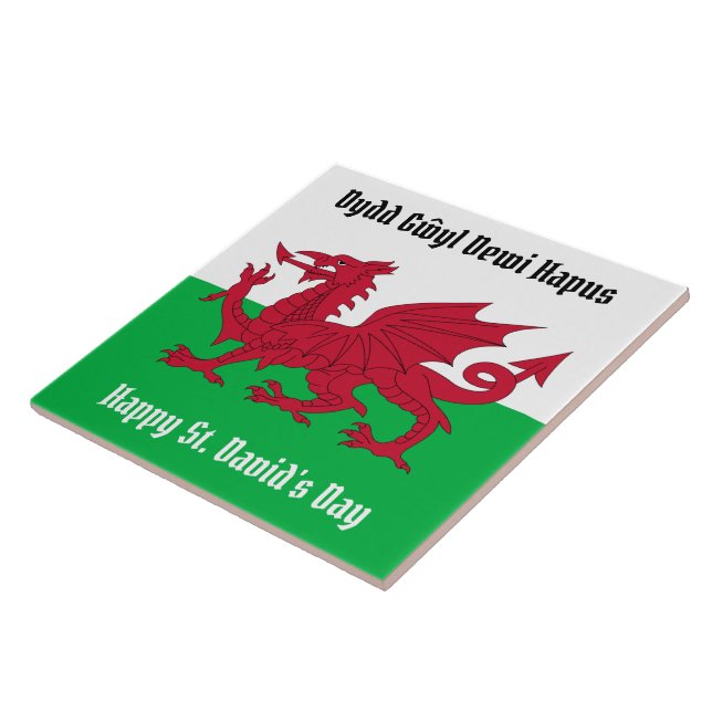 Happy St. David's Day Red Dragon Welsh Flag Square Ceramic Tile (Side)