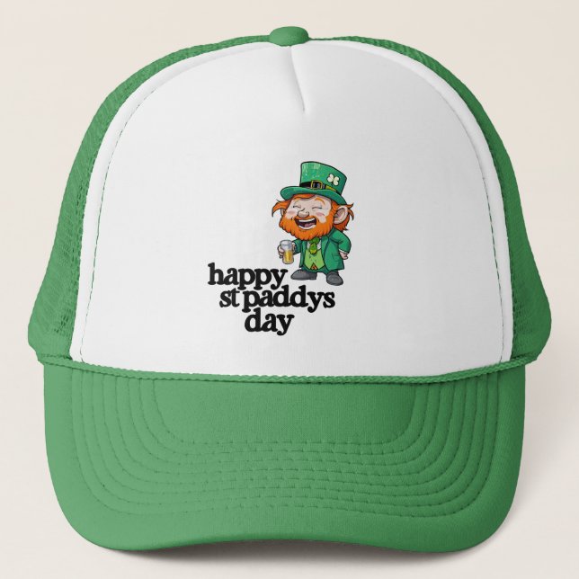 Happy St. Paddys Day Laughing Leprechaun Beer  Trucker Hat (Front)
