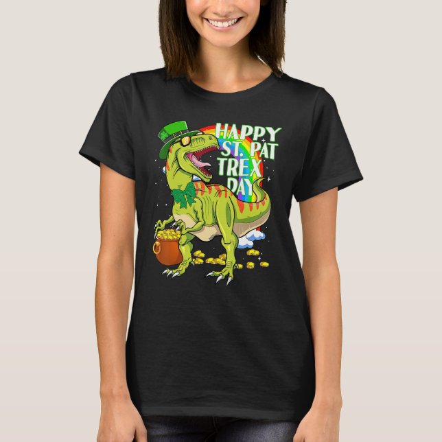Happy St Pat T-rex Day Green Lucky Shamrock St Pat T-Shirt (Front)