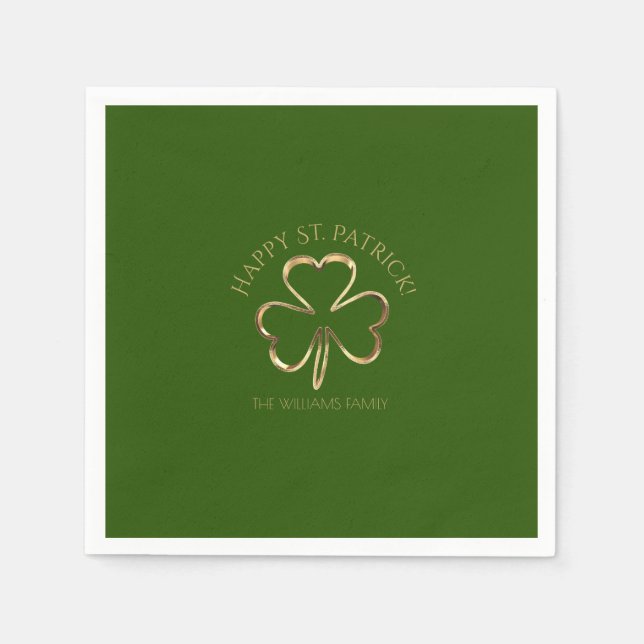 Happy St. Patrick Green and Gold Clover Shamrock Napkin (Front)