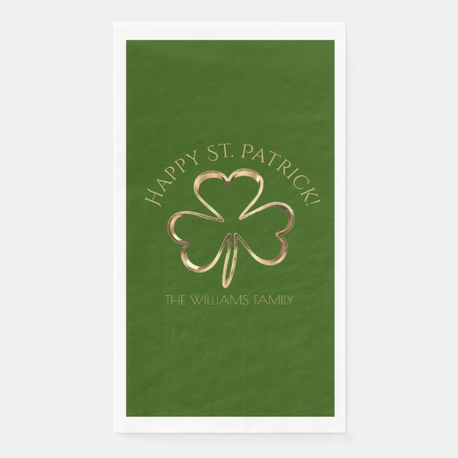 Happy St. Patrick Green and Gold Clover Shamrock Napkin (Front)