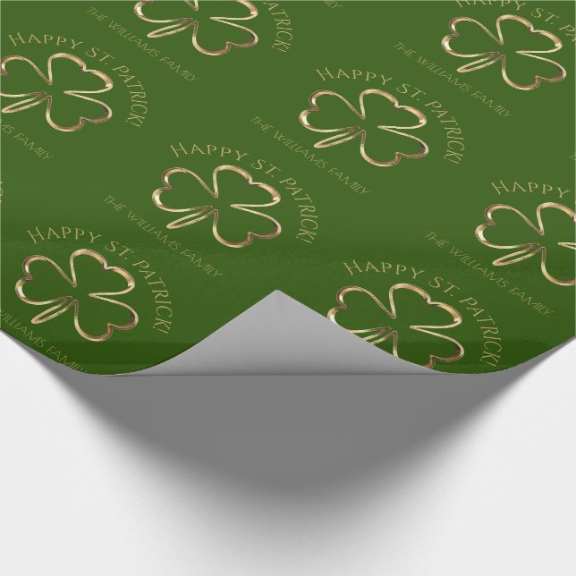 Happy St. Patrick Green and Gold Clover Shamrock Wrapping Paper (Corner)