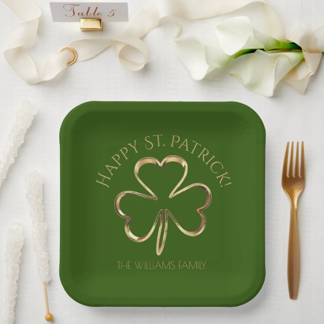 Happy St. Patrick Green and Gold Shamrock Clover Paper Plate (Wedding)