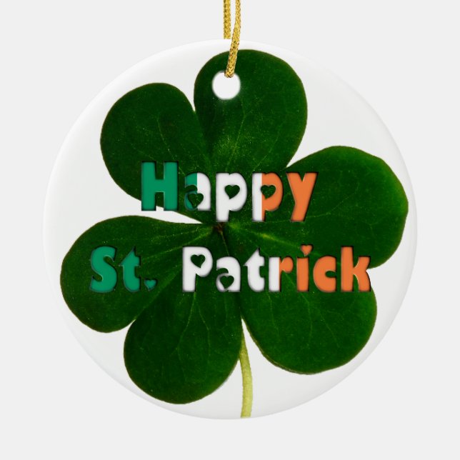 Happy St. Patrick Irish Flag Colours Shamrock Ceramic Tree Decoration (Front)