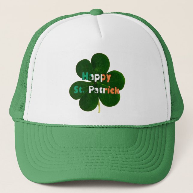 Happy St. Patrick Irish Flag Colours Shamrock Gree Trucker Hat (Front)