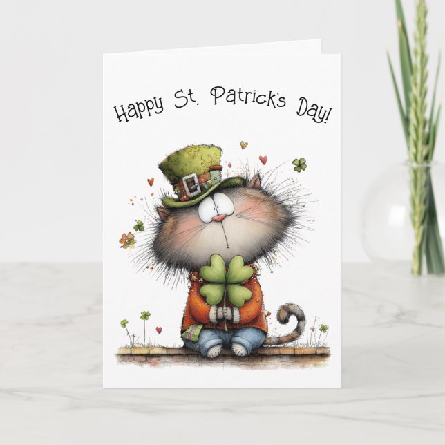 Happy St. Patrick’s Day Cat - Kitty Greetings Card (Front)
