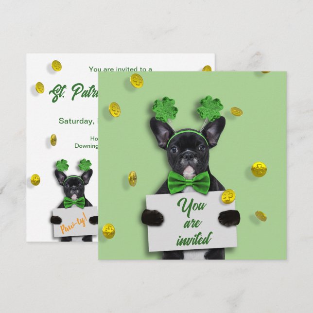 Happy St. Patrick’s Day Clover Cute French Bulldog Invitation (Front/Back)