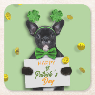 Happy St. Patrick’s Day Clover Cute French Bulldog Square Paper Coaster