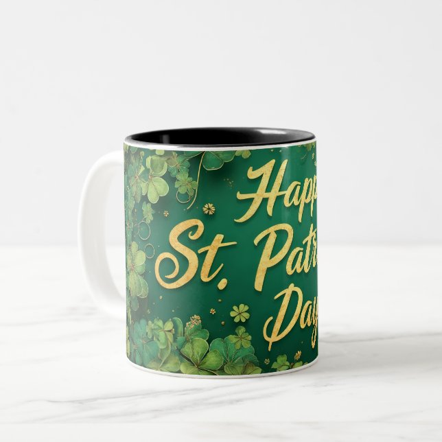 Happy St. Patrick’s Day Clover Design Two-Tone Coffee Mug (Front Left)
