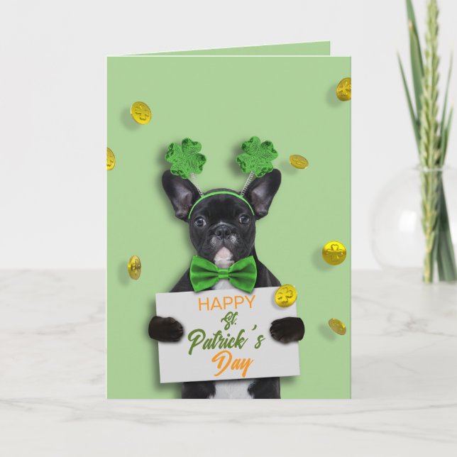 Happy St. Patrick’s Day Cute French Bulldog Coins  Card (Front)