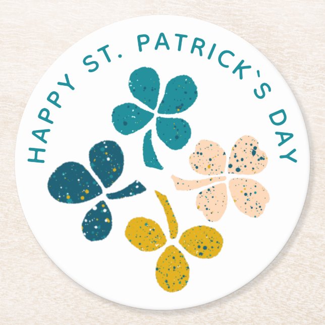 Happy St. Patrick`s Day Shamrock Clover Round Paper Coaster (Front)