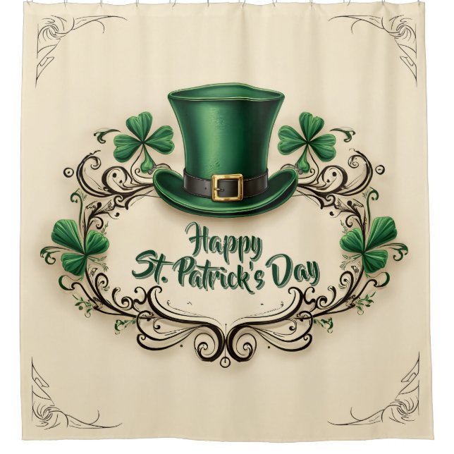 Happy St. Patrick’s Day Shamrock Design Shower Curtain (Front)