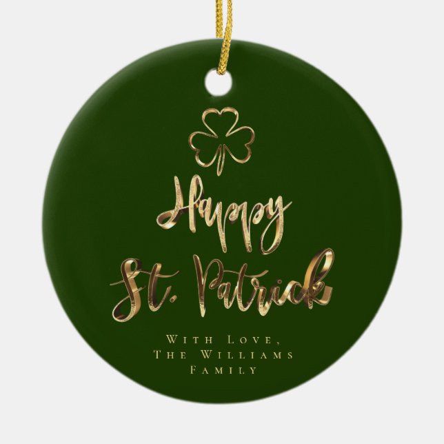 Happy St. Patrick Shamrock Clover Elegant Green Ceramic Ornament (Front)