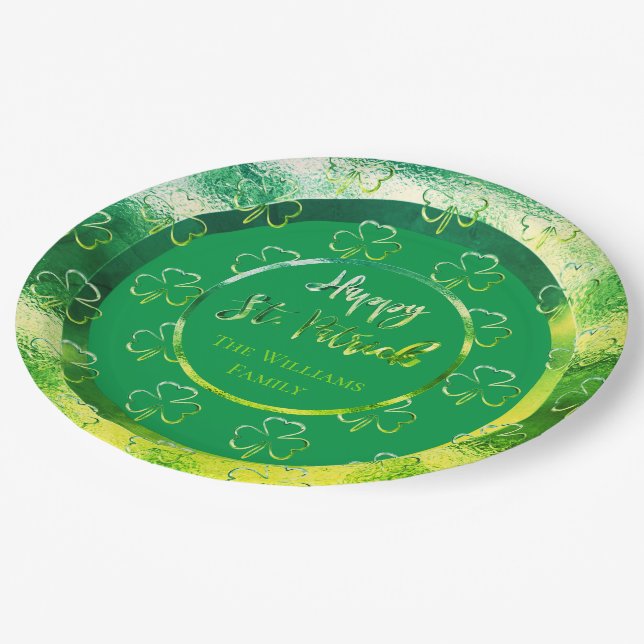 Happy St. Patrick Shamrock Green Clovers Irish Paper Plate (Angled)
