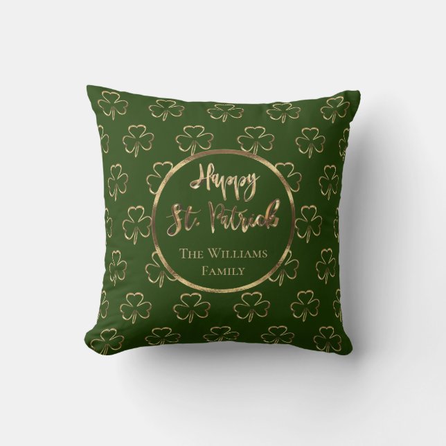 Happy St. Patrick Shamrocks Green Clovers Irish Cushion (Front)