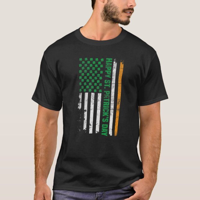 Happy St. Patrick's Day American Flag Irish Funny  T-Shirt (Front)