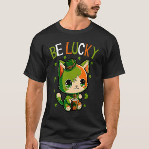 Happy St Patrick's Day Be Lucky Cat and Shamrocks T-Shirt