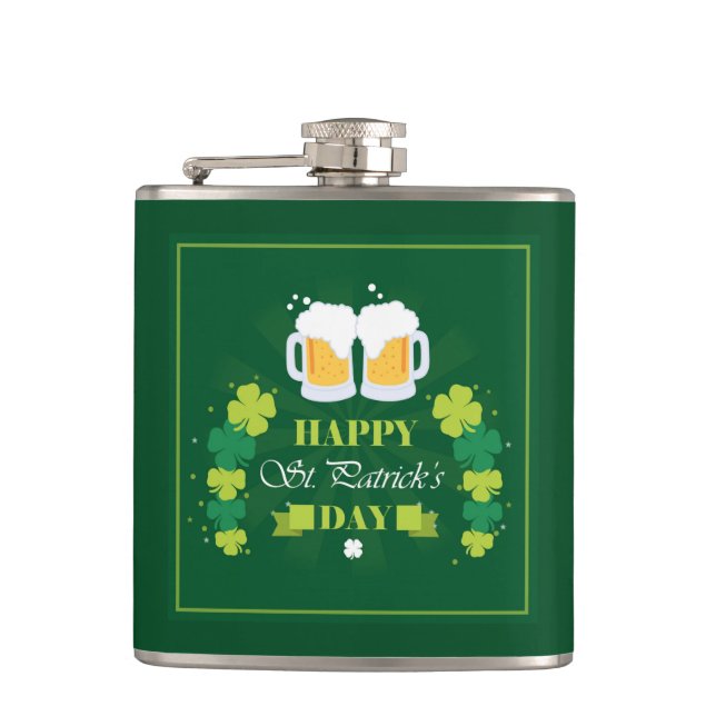 Happy St. Patricks Day Beer and Clovers Hip Flask (Front)