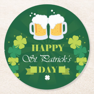 Happy St. Patricks Day Beer and Clovers Round Paper Coaster
