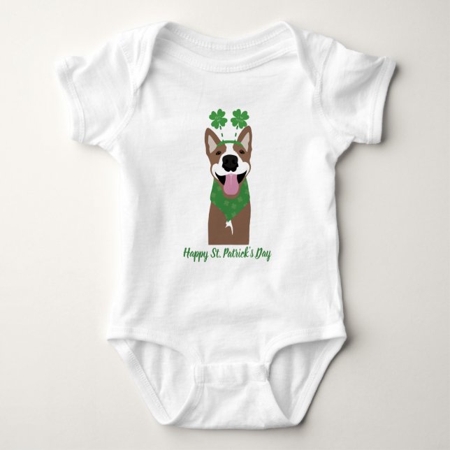 Happy St Patricks Day Brown Dog Green Baby Bodysuit (Front)