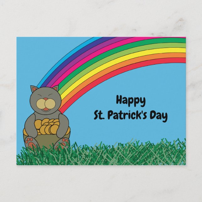 Happy St Patricks Day Cat Rainbow Pot of Gold Postcard (Front)