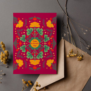 Happy St. Patrick's Day clovers & flowers magenta Card