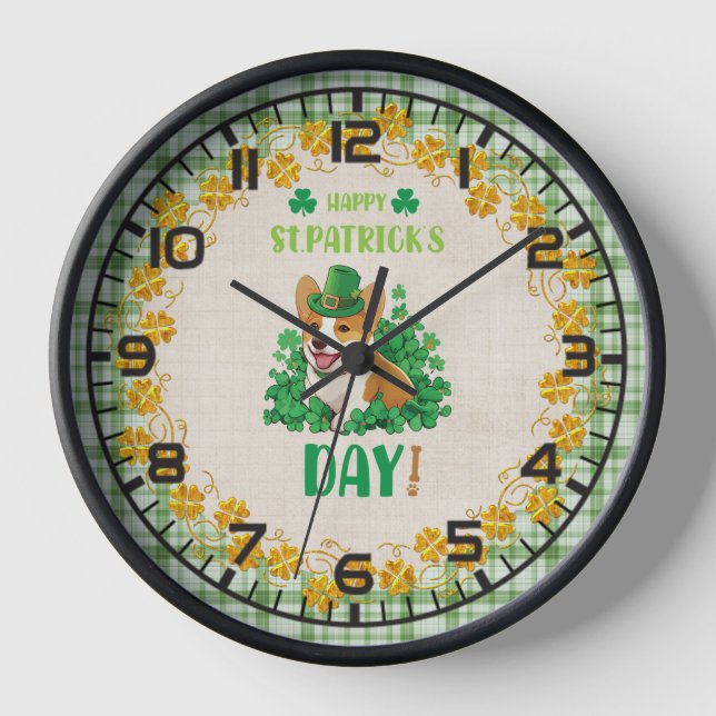 Happy St. Patrick's Day Corgi Clock (Front)