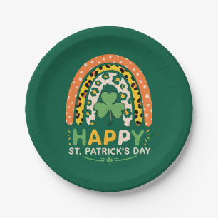 Happy St Patrick's Day Cute Rainbow Leopard Paper Plate