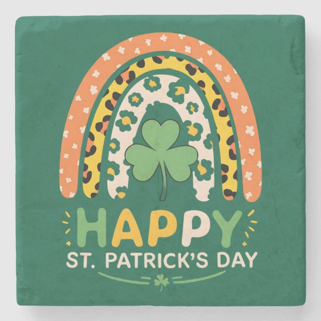 Happy St Patrick's Day Cute Rainbow Leopard Stone Coaster (Front)