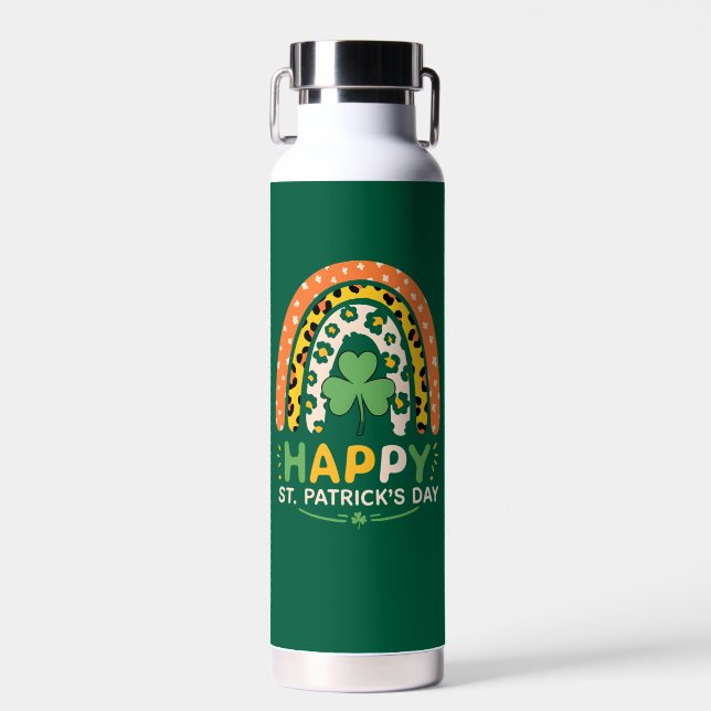 Happy St Patrick's Day Cute Rainbow Leopard Water Bottle (Front)