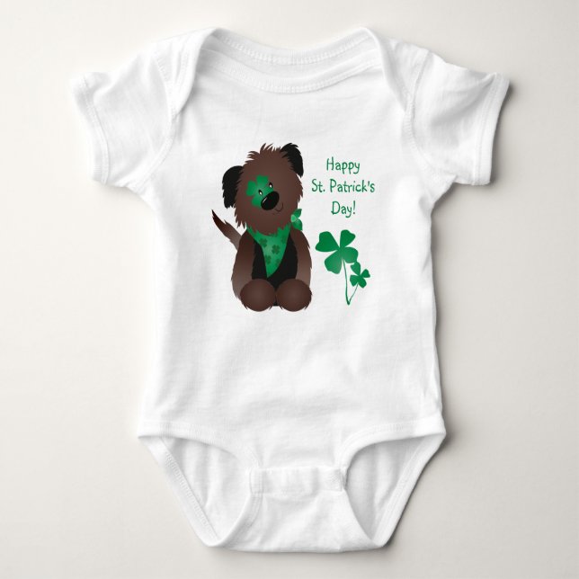 Happy St Patricks Day Dog Four Leaf Clover Green Baby Bodysuit (Front)
