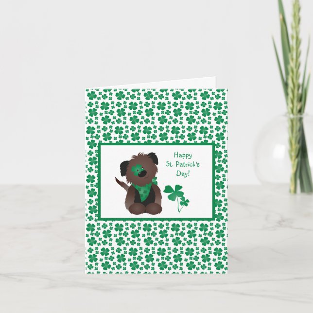 Happy St Patricks Day Dog Four Leaf Clover Green Card (Front)