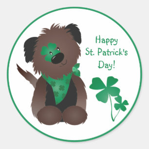 Happy St Patricks Day Dog Four Leaf Clover Green Classic Round Sticker