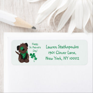 Happy St Patricks Day Dog Four Leaf Clover Green Return Address Label