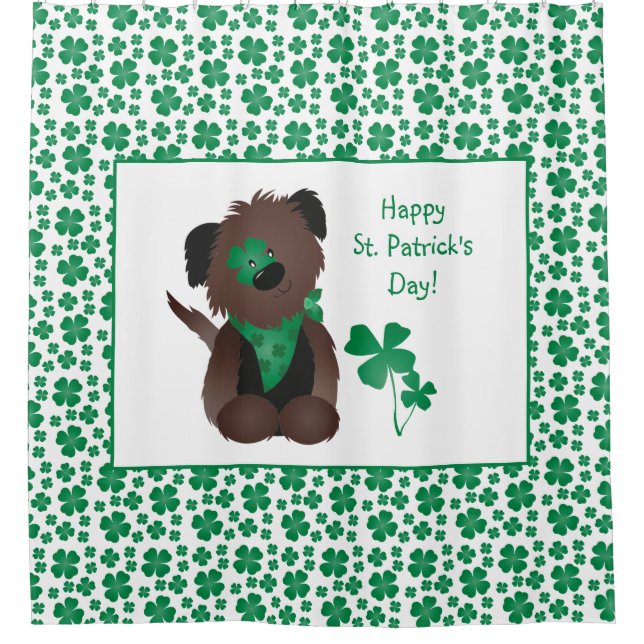 Happy St Patricks Day Dog Four Leaf Clover Green Shower Curtain (Front)