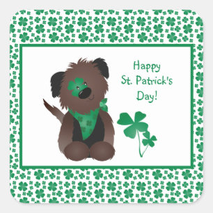 Happy St Patricks Day Dog Four Leaf Clover Green Square Sticker